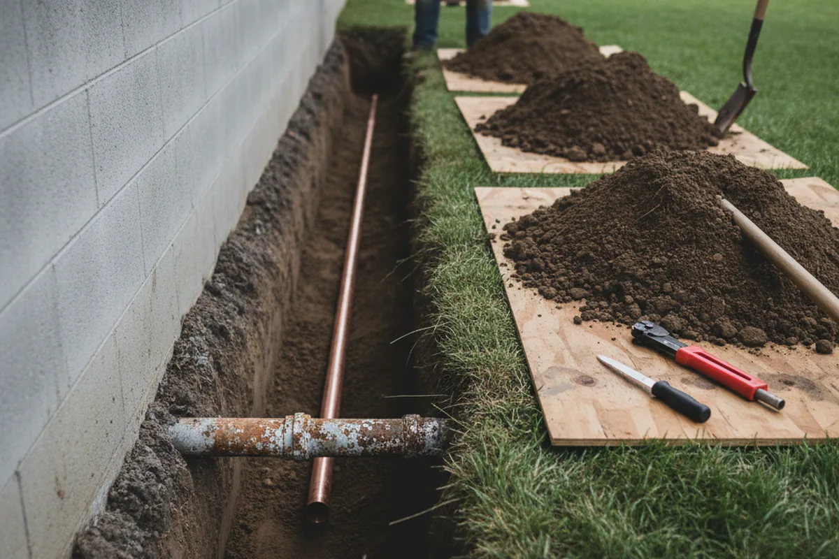 Excavated water line trench during Water Softener Installation in Kimmswick